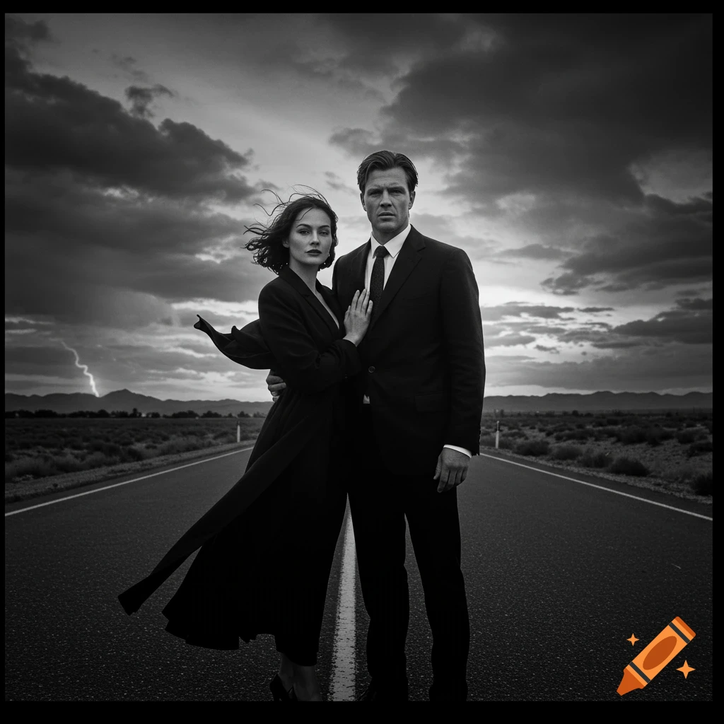 Black and white dramatic portrait of a man and woman standing on a long road under a stormy sky with lightning.