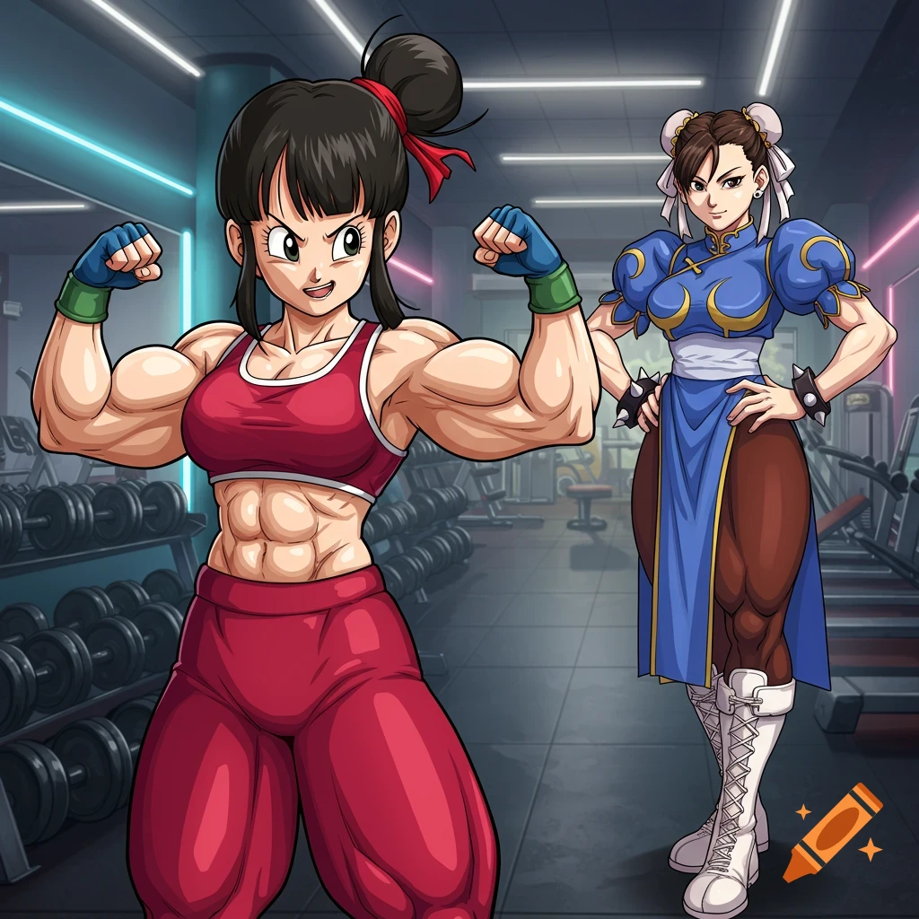 Muscular Chi-Chi flexing in a gym, with Chun-Li standing nearby in an anime style.