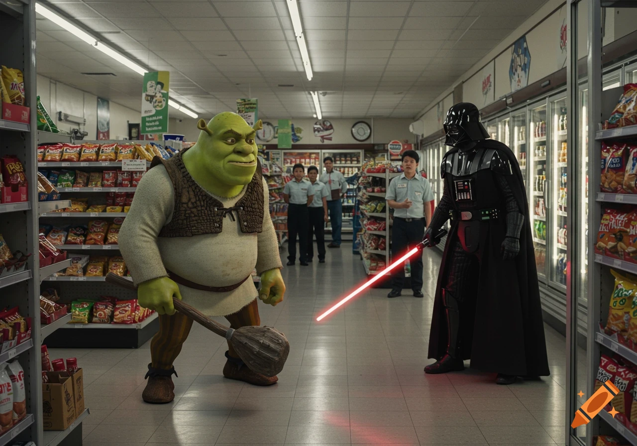 Shrek holds a wooden club and faces Darth Vader with a red lightsaber in a detailed, photorealistic convenience store.