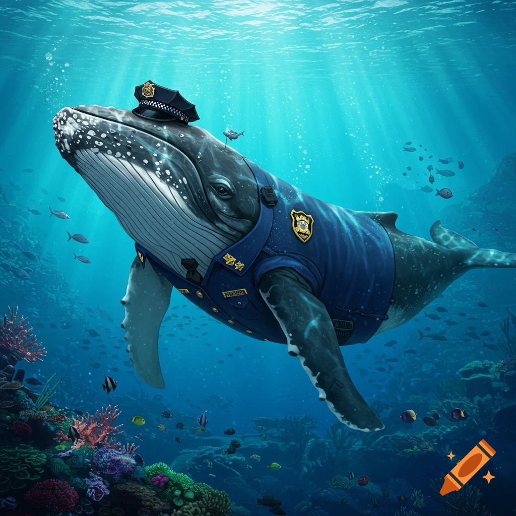 A photorealistic image of a humpback whale wearing a blue police uniform and cap, swimming in a vibrant coral reef ocean.