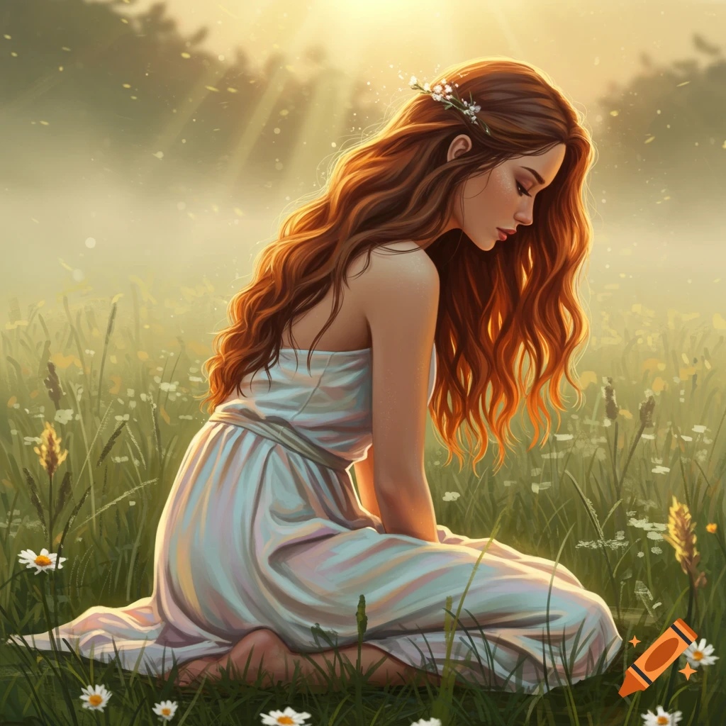 A red-haired woman in a white dress kneels in a sunlit field of grass and white flowers, looking down. Digital painting.