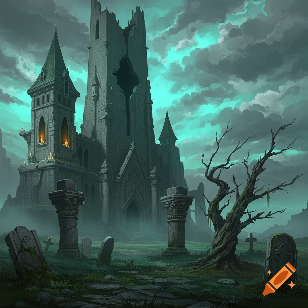 A dark, ruined gothic castle stands under a stormy turquoise sky with a dead tree and gravestones in a misty graveyard.
