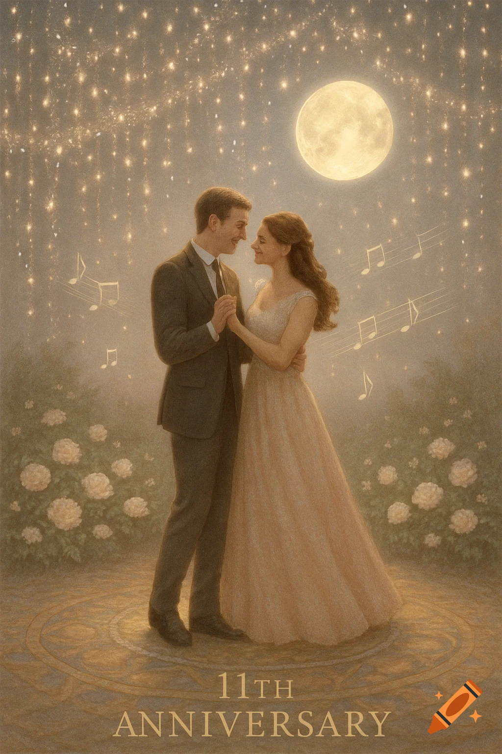 A romantic couple dances under a full moon and twinkling lights, with musical notes and white roses, celebrating their 11th anniversary.
