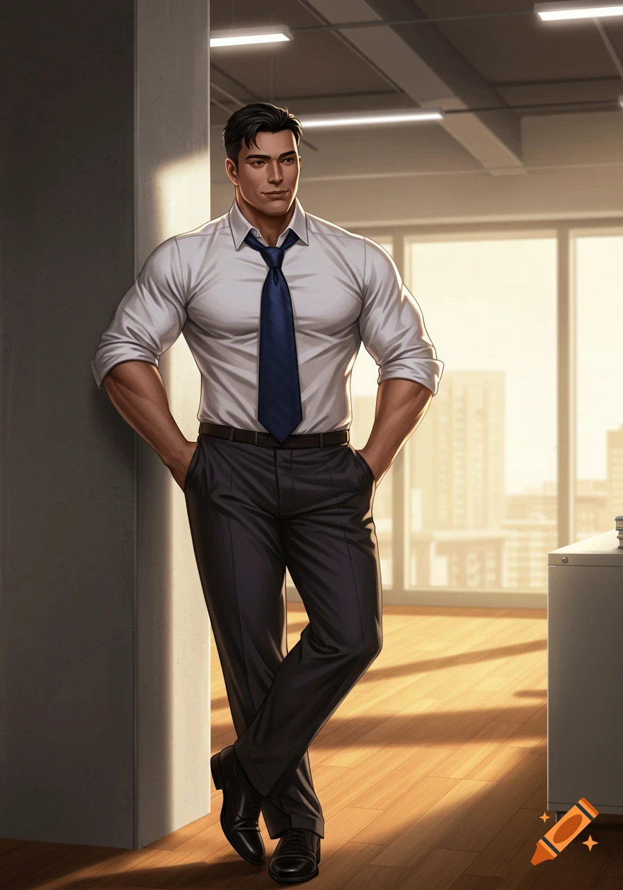 A muscular man in a white business shirt and blue tie leans against a pillar in an office, with windows showing city buildings.