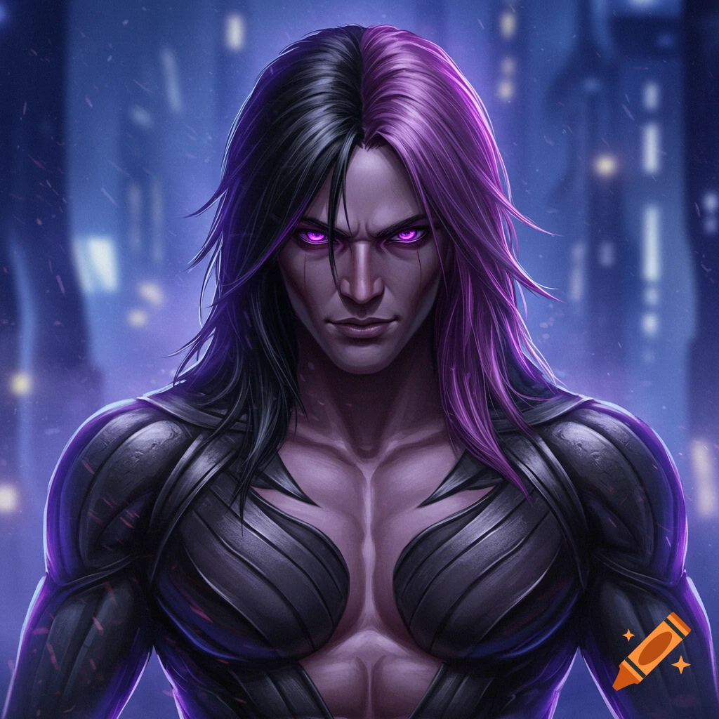 A muscular male character with split black and purple hair and glowing violet eyes in a dark armored suit against a blurry city.