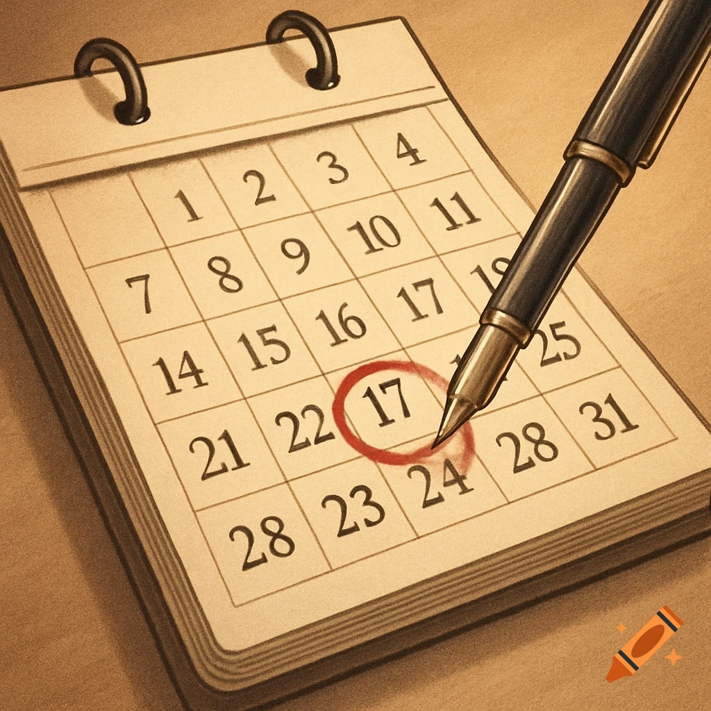A close-up view of a desk calendar page with a pen circling the number 17, in a sepia-toned illustrative style.