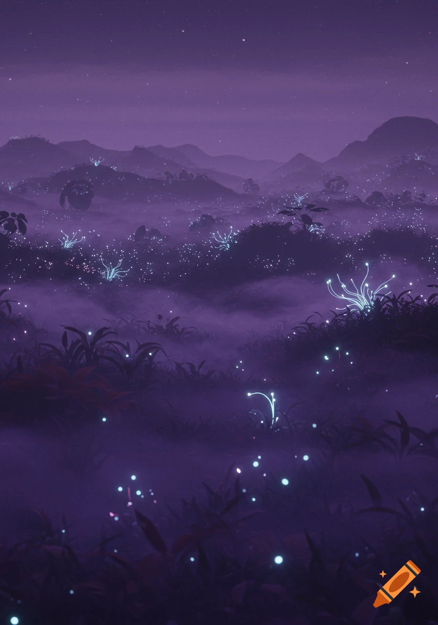 A vibrant purple landscape with glowing flora and distant mountains shrouded in mist.