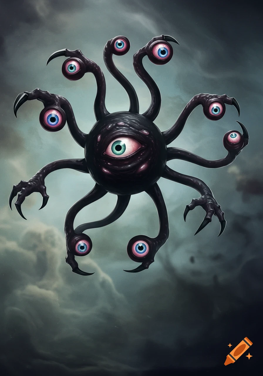 A vibrant, grotesque monster with tentacles and many eyes on