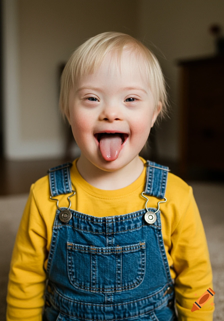 A blond toddler with Down syndrome wearing a yellow shirt and denim overalls sticks their tongue out and smiles at the camera.