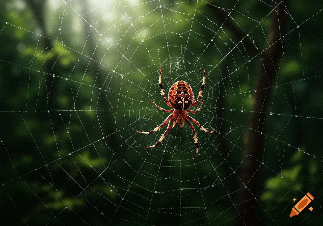 A detailed brown and orange spider sits on a dew-covered web in a sunlit forest.