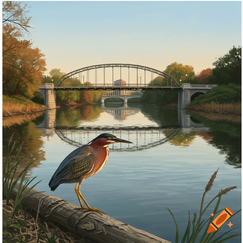 An illustrated green heron stands on a log by a river with an arched bridge and autumn trees in the background.