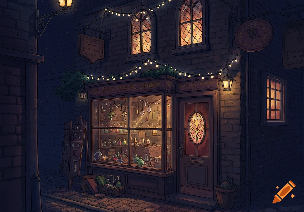 A whimsical magic shop at night, illuminated by glowing string lights and warm light spilling from its windows, showcasing bottles and magical items.