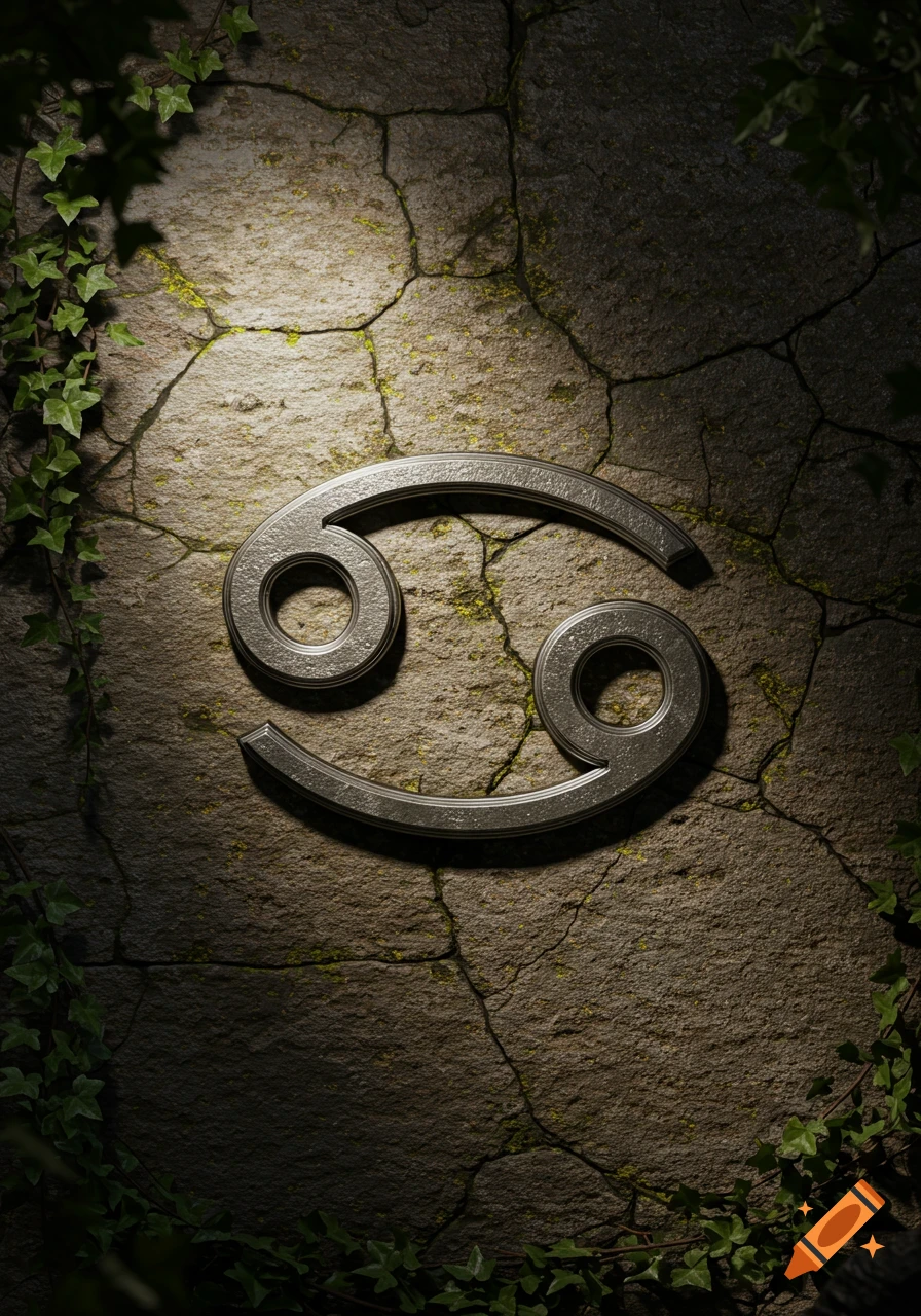 Metallic Cancer zodiac symbol on a cracked stone wall with ivy, illuminated by a spotlight.