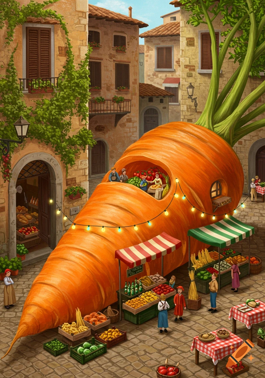 A giant whimsical carrot acts as a market stall in a bustling Italian village square, surrounded by vendors and produce.