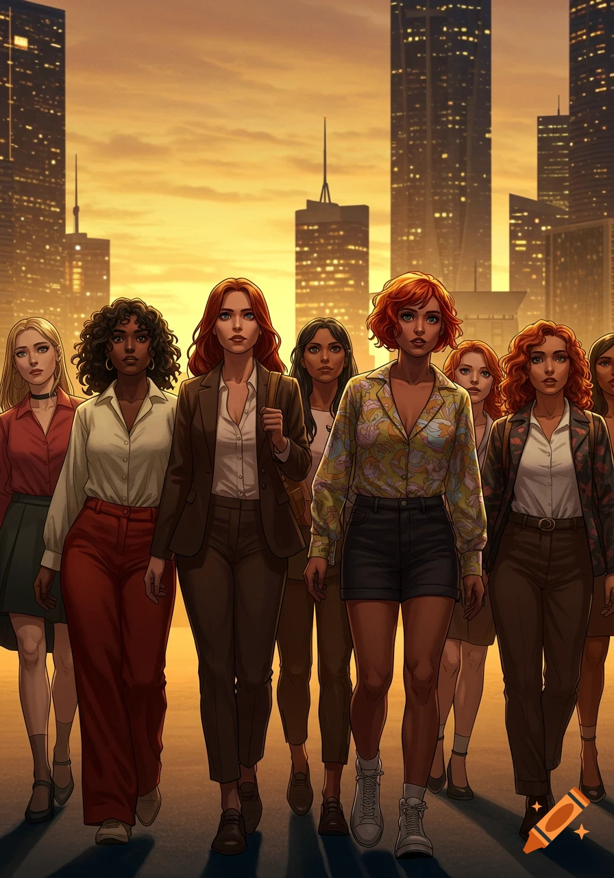 A diverse group of women in varied attire walking forward with a city skyline at sunset in the background, in a stylized art style.