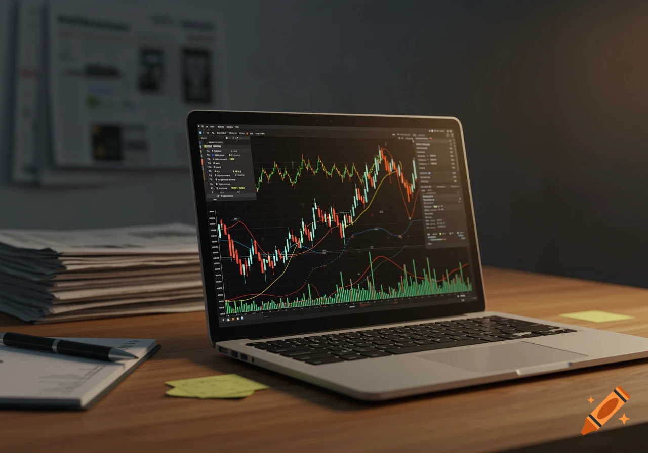 A laptop displaying financial charts on a dimly lit wooden desk with a notebook and pen.