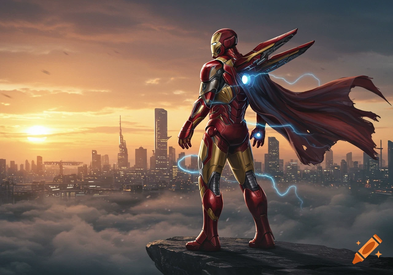 Iron Man in a red and gold suit stands on a cliff overlooking a city at sunset, with a flowing cape and blue energy.