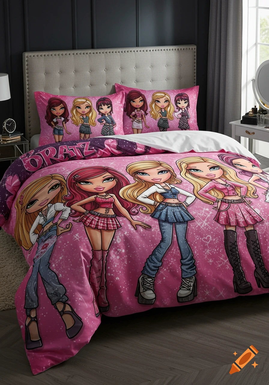 Pink Bratz doll bedding set on a bed with large cartoon girl characters.