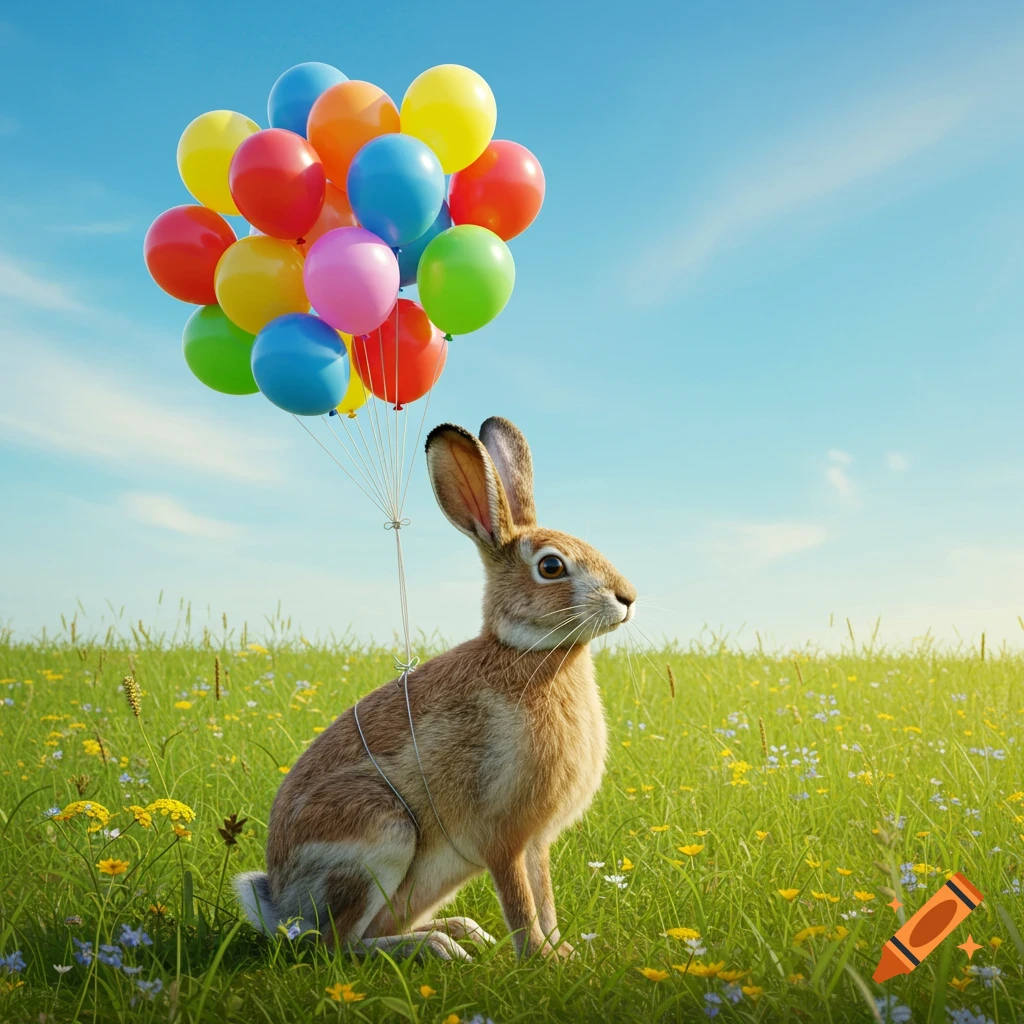 A photorealistic jack rabbit sits in a grassy field under a blue sky, with a colorful bunch of balloons tied to its back.