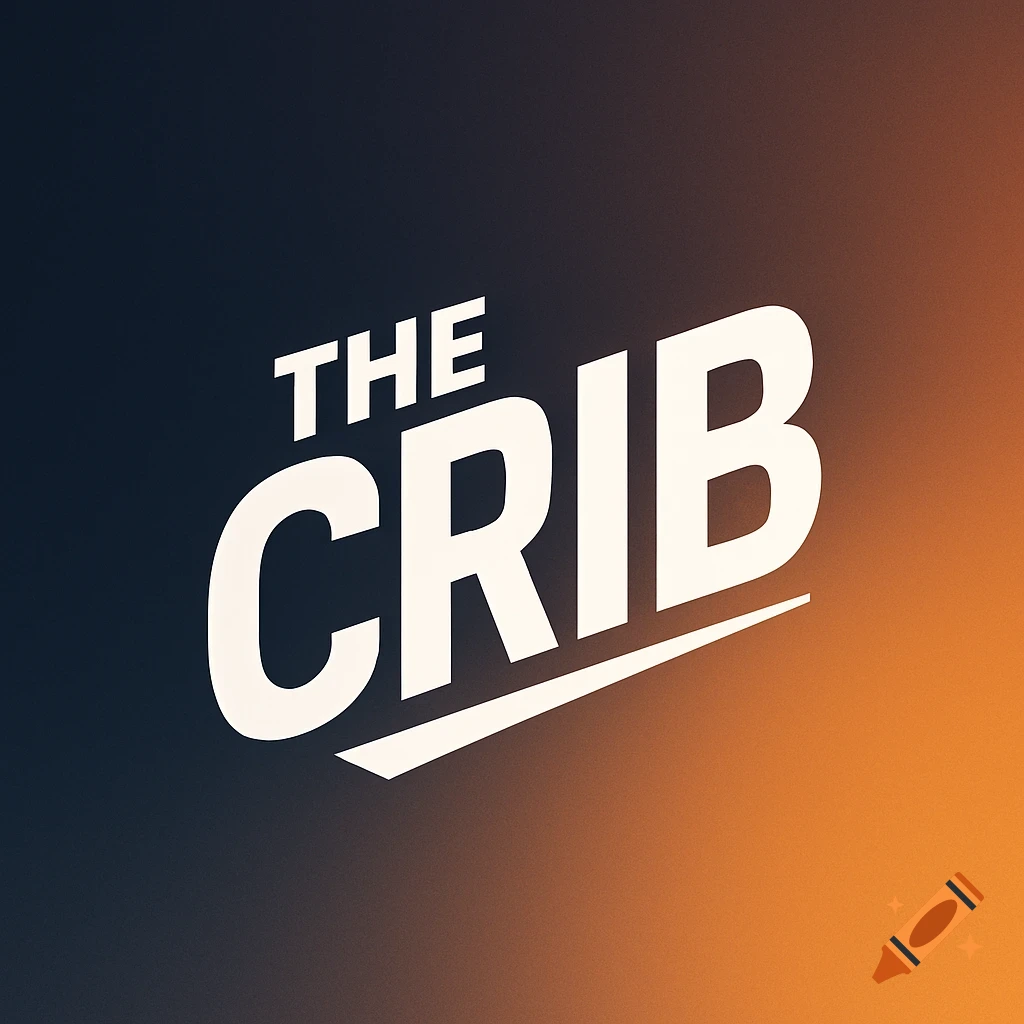 A bold, white logo for 'THE CRIB' on a dark blue to orange gradient background.