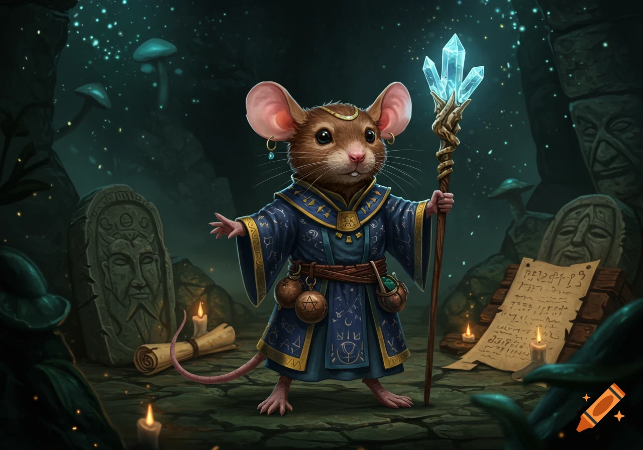A cute mouse wizard wearing a blue robe and holding a crystal-topped staff stands in a glowing cave with ancient stone carvings and bioluminescent mushrooms.