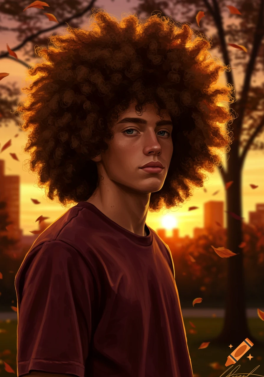 A close-up portrait of a young man with a large afro, standing outdoors during a golden hour sunset with autumn leaves falling.