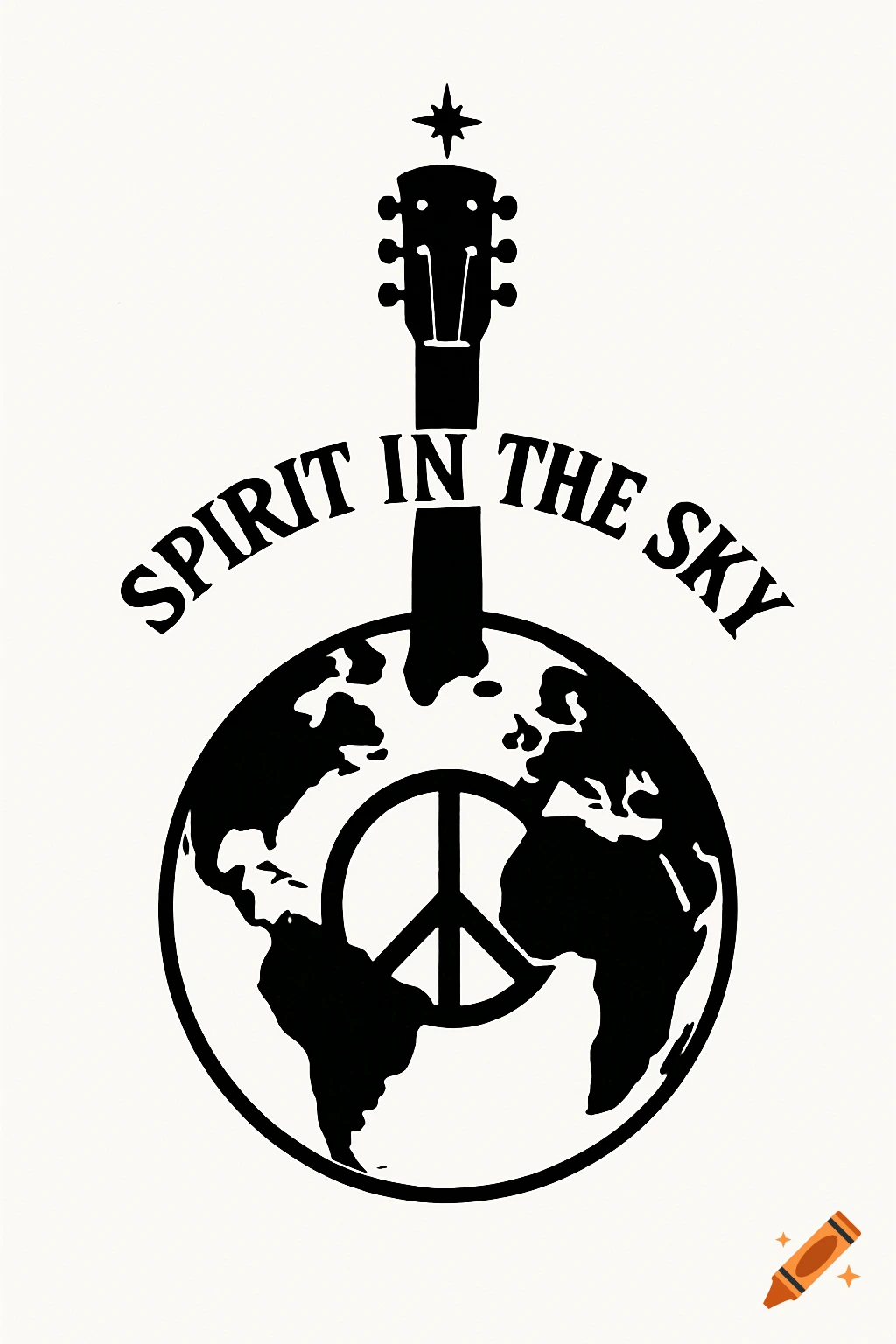 Black and white graphic of a guitar with a star, its body as a globe outline with a peace sign. "SPIRIT IN THE SKY" text curves above.