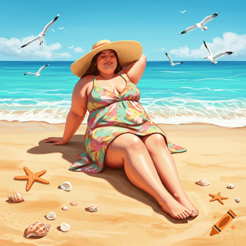 A cheerful chubby woman in a sundress and straw hat relaxing on a sunny beach, with seagulls and seashells.