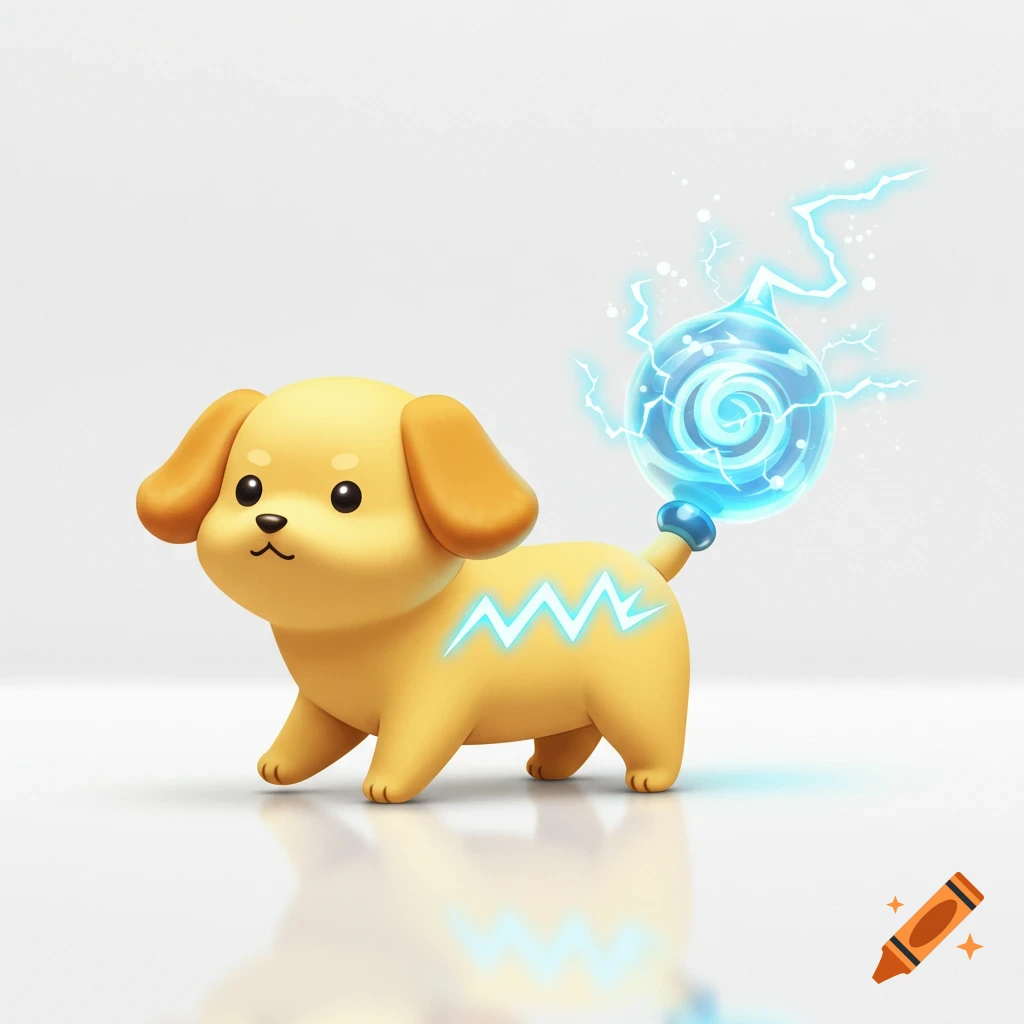 A cute yellow cartoon puppy with a blue lightning bolt on its side and a glowing blue lightning orb on its tail.