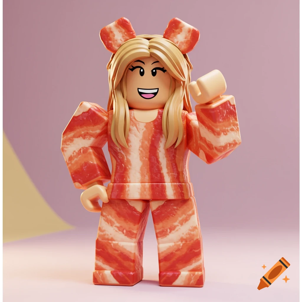 A 3D render of a Roblox girl character wearing a bacon-patterned suit and bacon-shaped ears, smiling at the viewer.