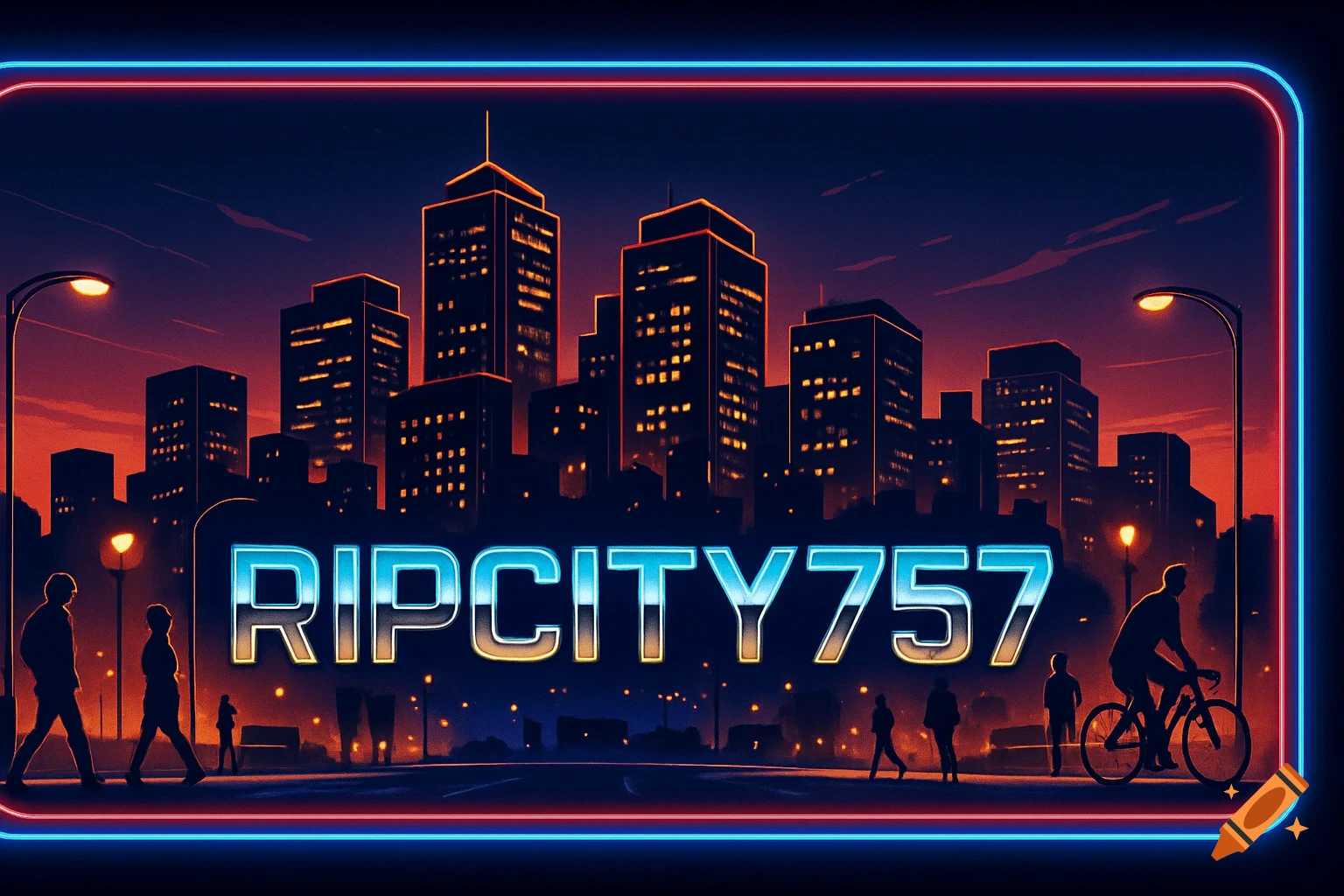 A stylized cityscape at dusk with bright neon blue and red outlines framing the scene. Large, glowing blue text "RIPCITY757" is centered, with silhouetted buildings and pedestrians below streetlights.