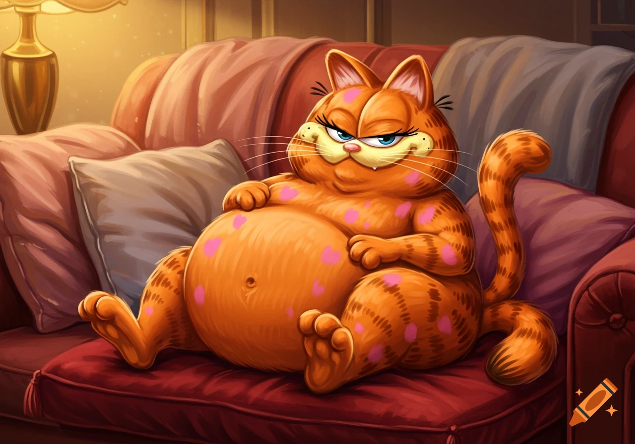 A plump orange cartoon cat resembling Garfield, with pink spots and long eyelashes, lounges on a red couch.