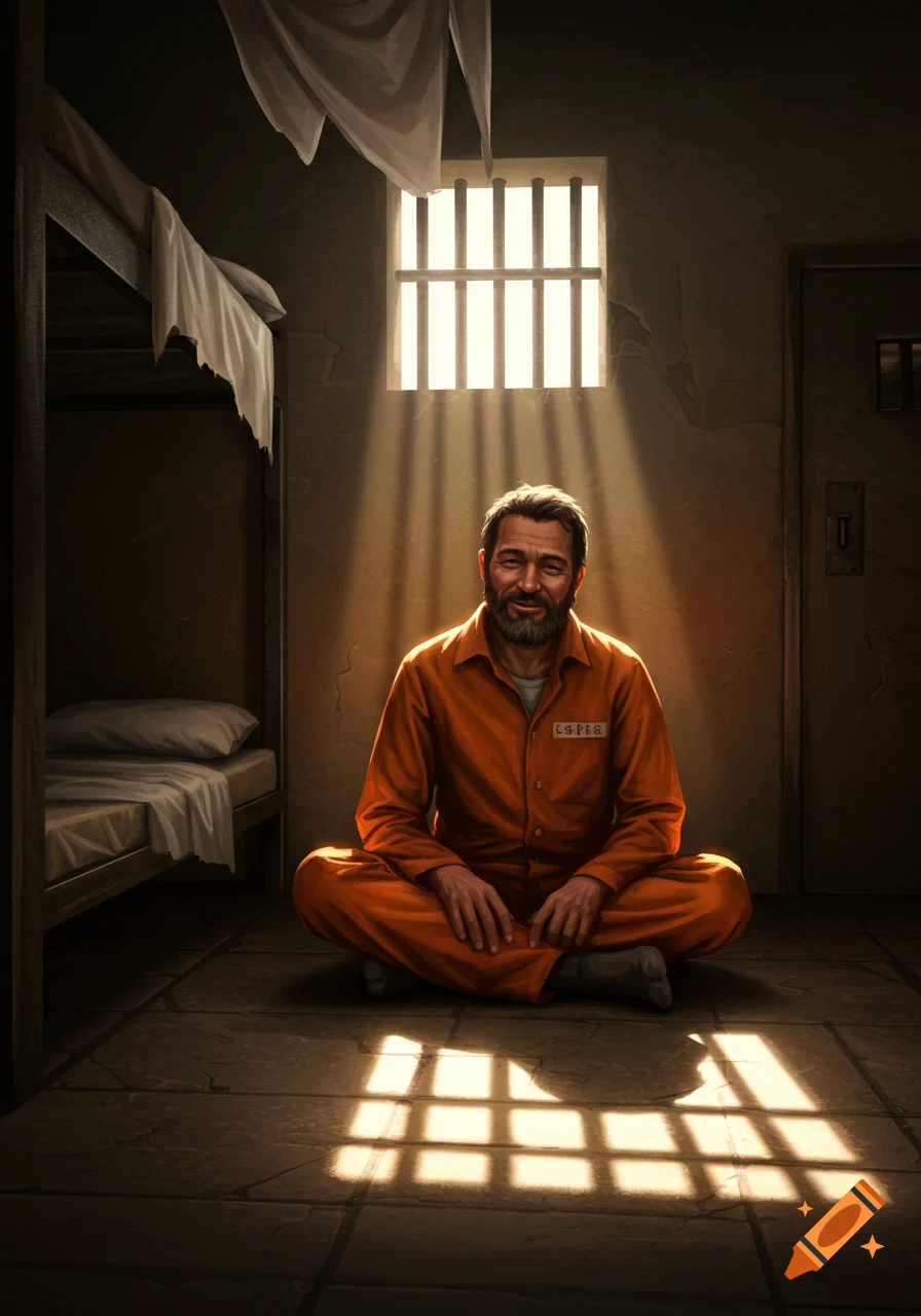 A man with a beard, wearing an orange jumpsuit, sits smiling on the floor of a prison cell, illuminated by light from a barred window.