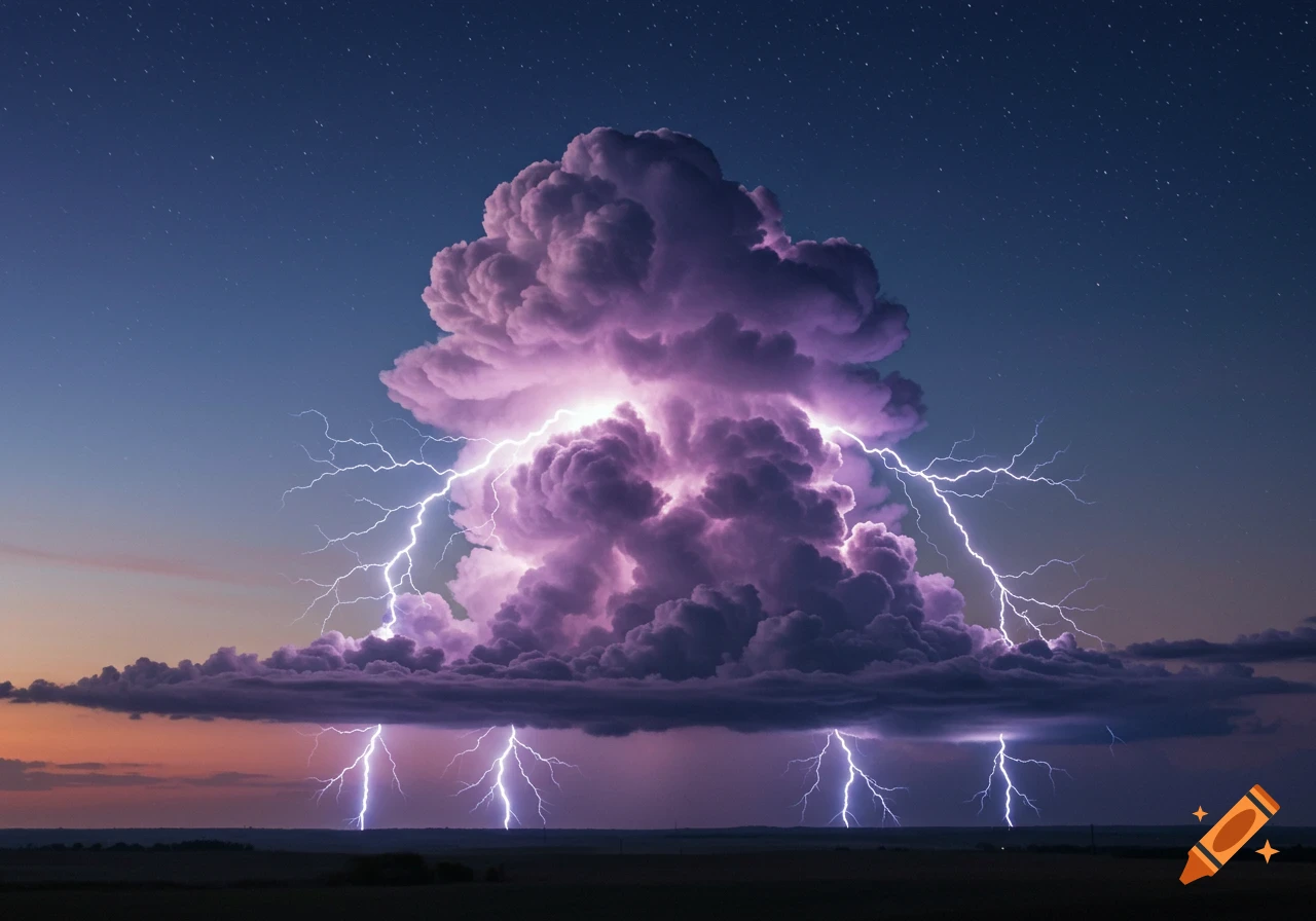 Vibrant purple thunderstorm cloud with bright white lightning strikes over a dark landscape at night.