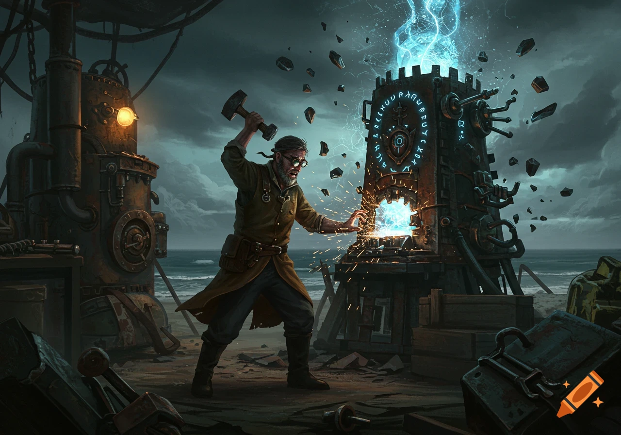 A grizzled inventor hammers a glowing magical construct on a stormy coast, surrounded by steampunk machinery.