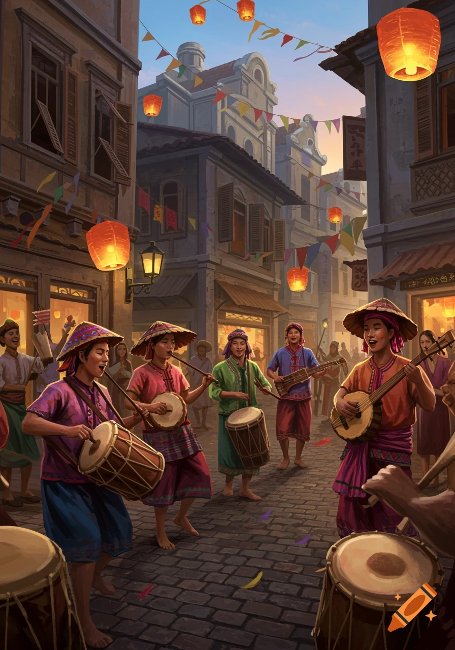 A vibrant street festival scene at dusk with musicians playing traditional instruments like drums and string instruments. Colorful lanterns and flags adorn the buildings lining the cobblestone street.