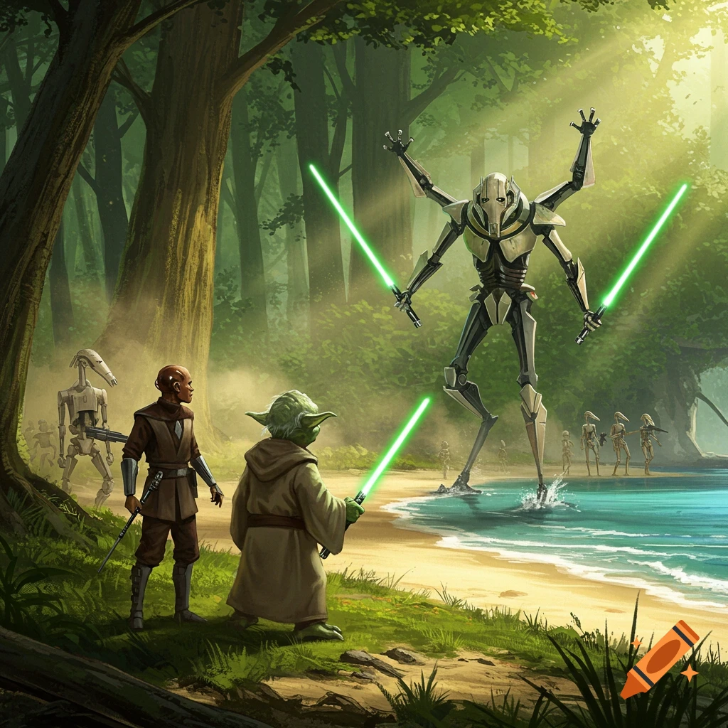Yoda and Commander Gree face General Grievous and battle droids on a sunlit forest beach, digital art.