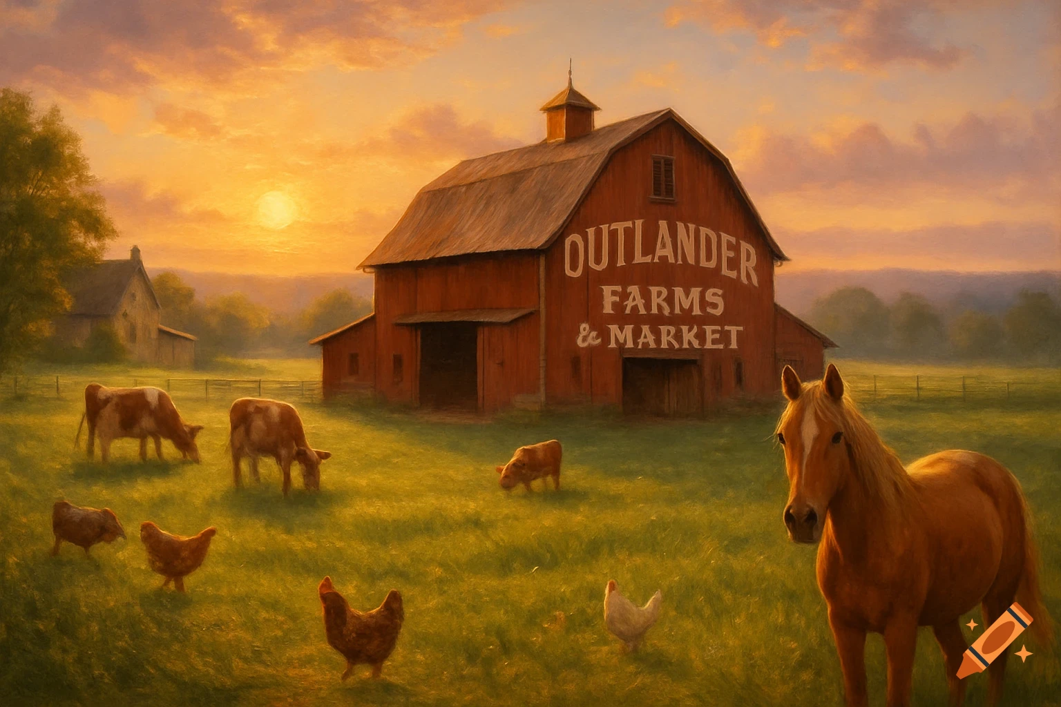 A painting of a red barn and various farm animals grazing in a field at sunset.
