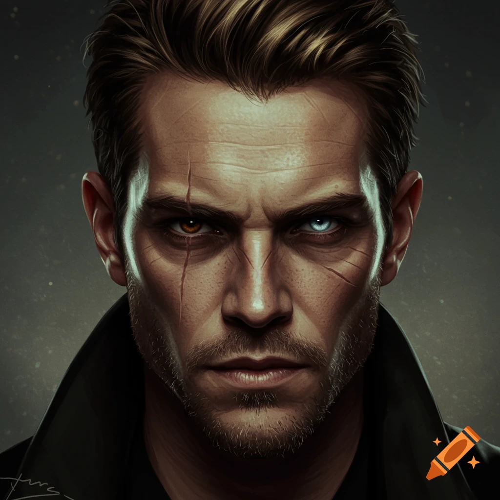 A close-up portrait of a stern man with light brown hair, a beard, facial scars, and heterochromatic eyes (one orange, one blue) in a realistic digital art style.
