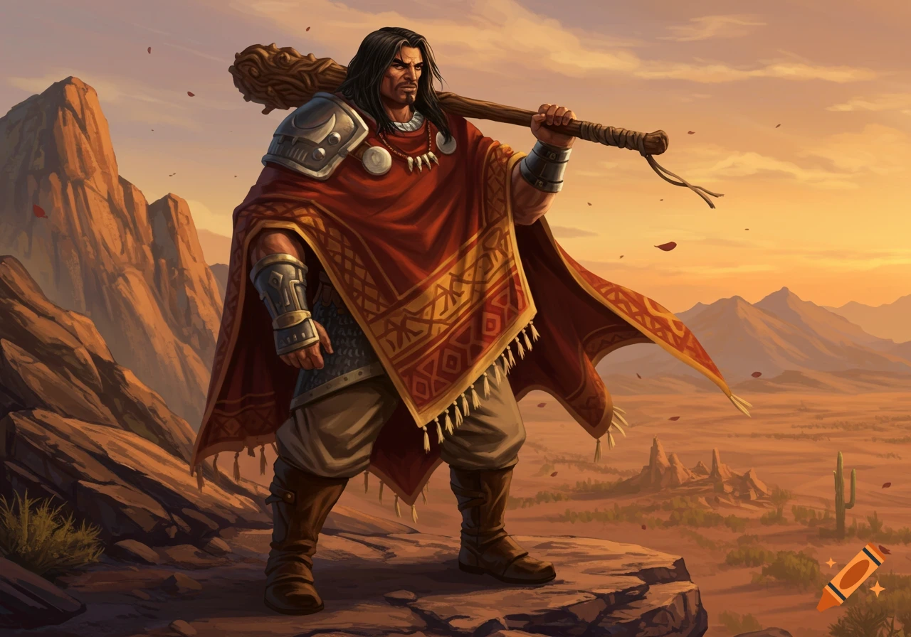 A rugged barbarian in a red poncho with shoulder armor and a large club stands on a rocky outcrop in a vast desert at sunset.