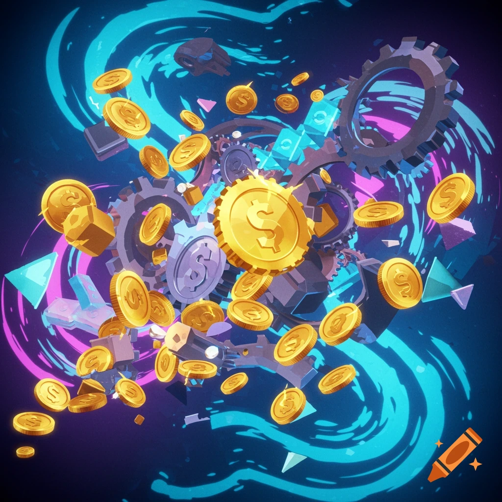 A dynamic composition of golden coins, gears, and geometric shapes against a swirling blue and purple background.