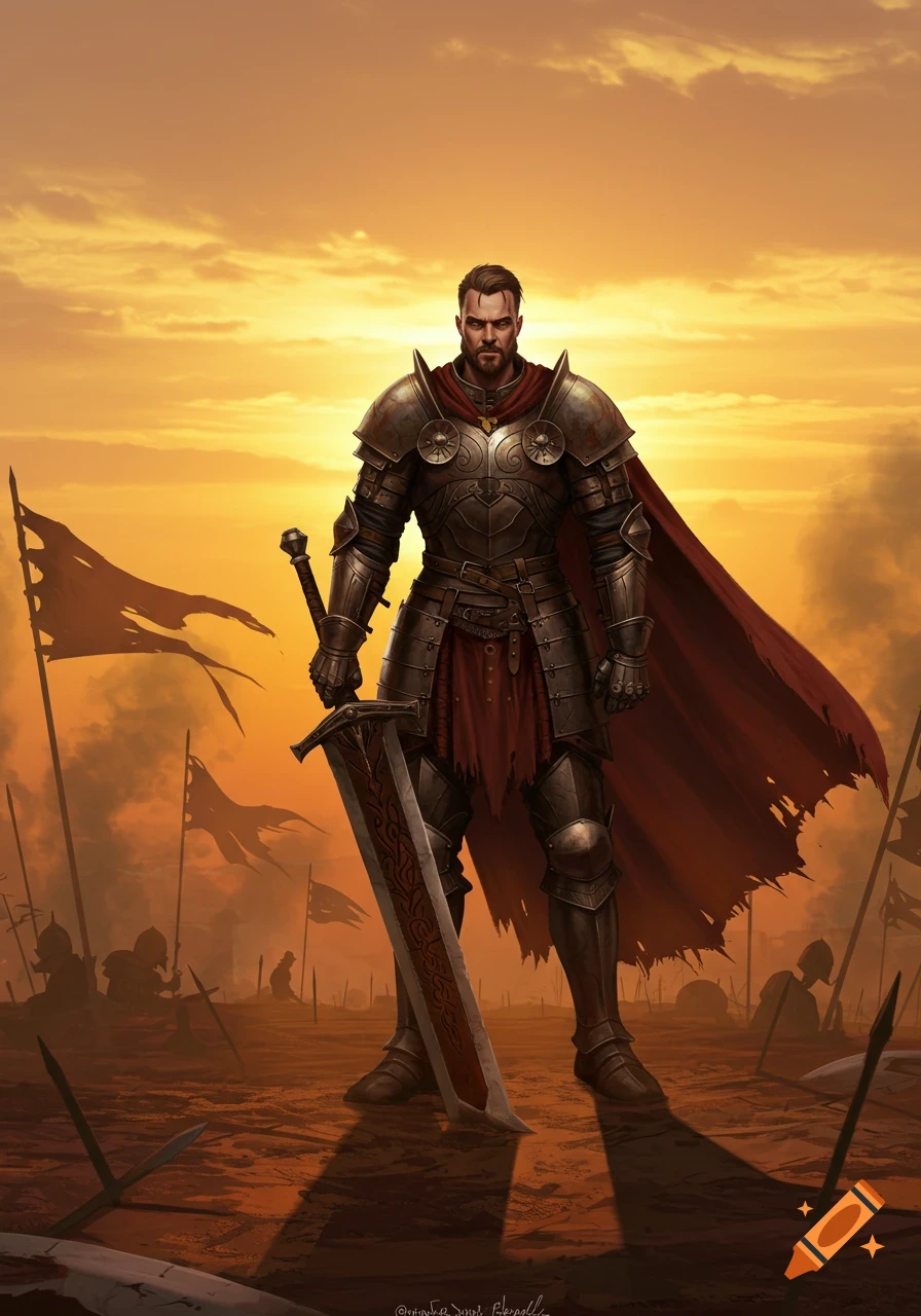 A formidable warrior in full medieval armor stands on a desolate battlefield holding a large sword, silhouetted against an orange sunset.