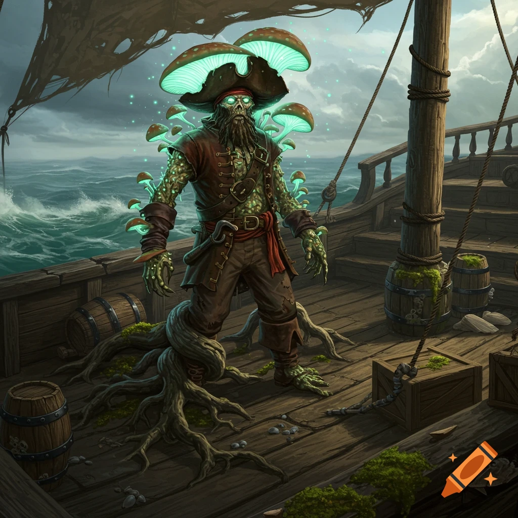 A fantasy illustration of a mushroom-covered pirate with glowing eyes and root-like legs on a ship deck at sea.