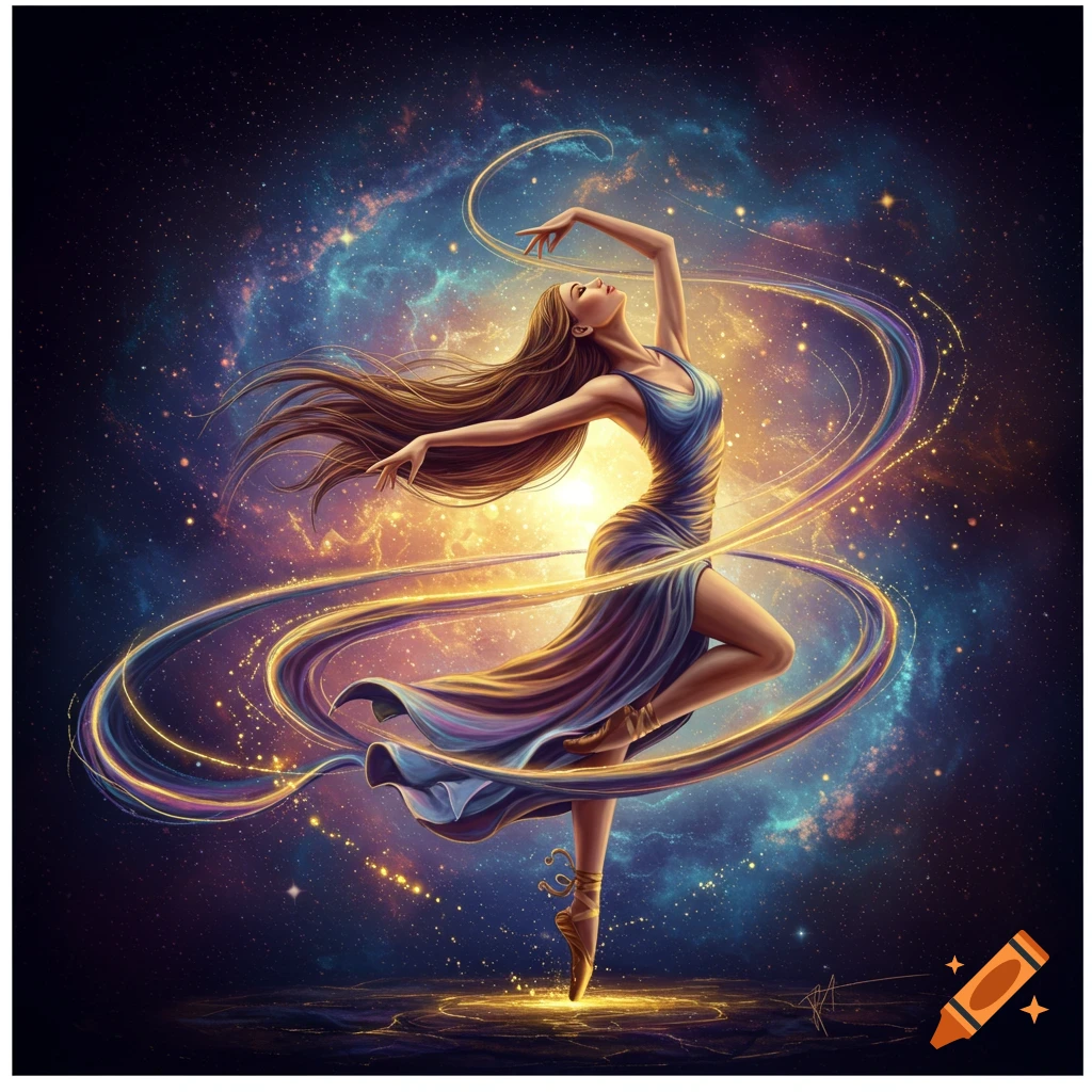 A female dancer in a flowing blue and purple gown performs ballet amidst a starry galaxy, with golden energy ribbons swirling around her.