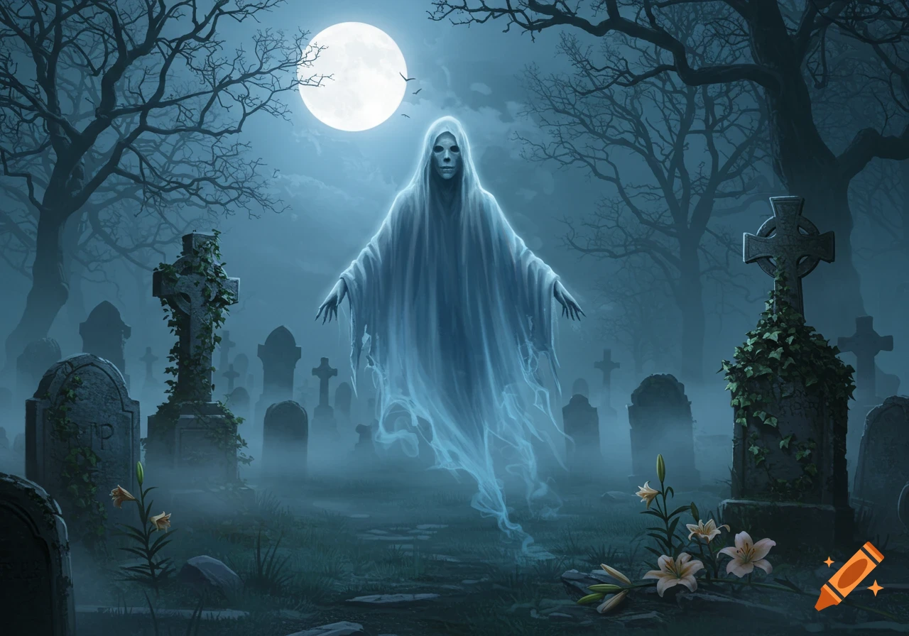 A ghostly figure floats in a misty graveyard at night, bathed in the light of a full moon, surrounded by gravestones and bare trees.