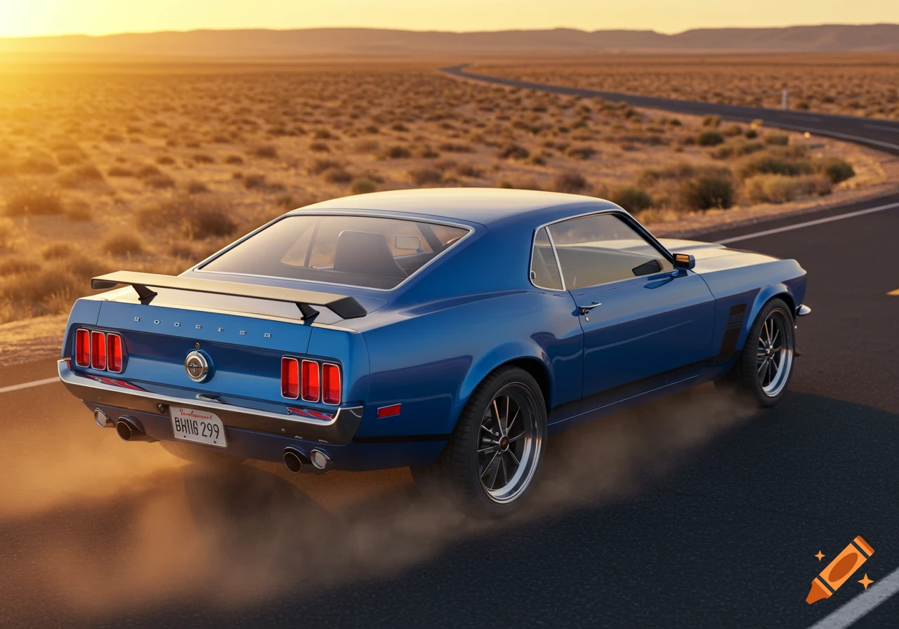 A blue Ford Mustang Boss 302 drives on a desert road at sunset, stirring up dust behind its rear wheels.