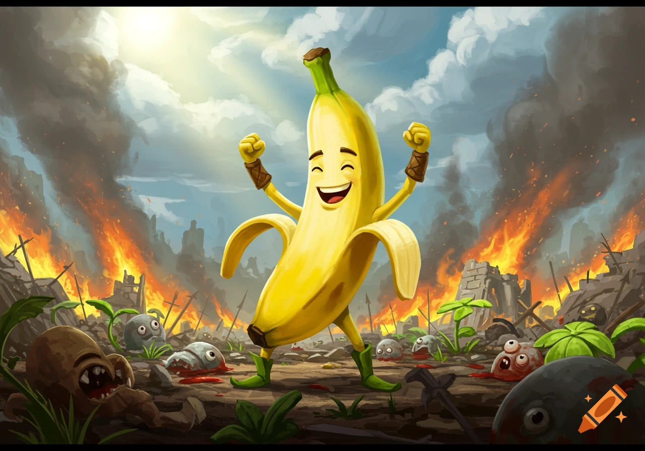 A happy cartoon banana character stands victoriously in a burning battlefield with defeated creatures, in a stylized illustration.