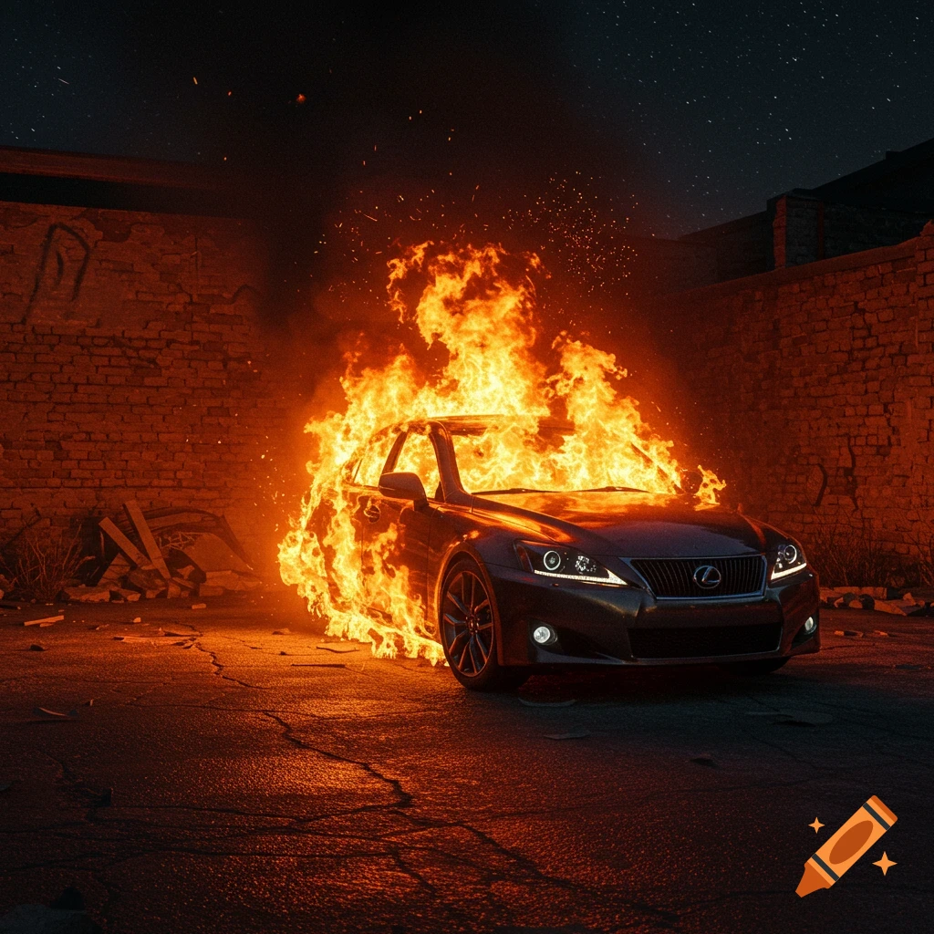 Photorealistic image of a dark gray Lexus sedan engulfed in large flames, parked on cracked asphalt at night with a brick wall in the background.
