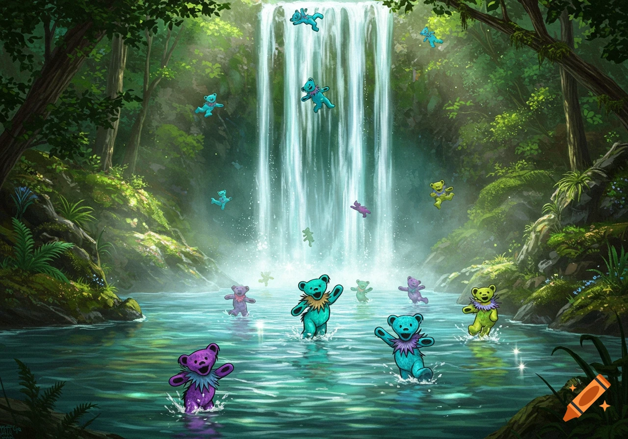Colorful dancing bears splash and swim in a clear pool at the base of a lush waterfall in a vibrant forest illustration.
