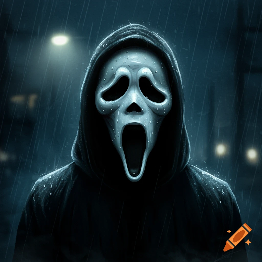 A close-up of Ghostface from Scream in the rain, with water droplets on the mask, looking sad in a dark, moody digital art style.